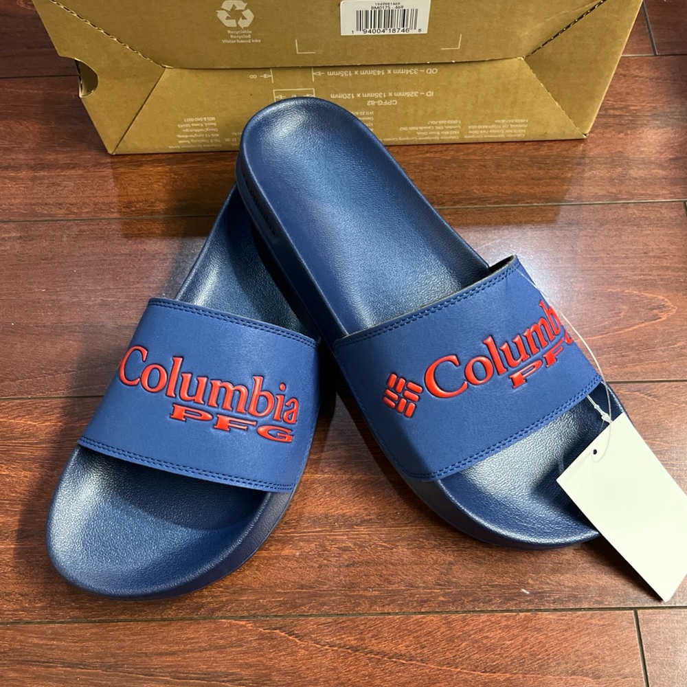 Mens 11 Columbia Tidal Ray PFG Slide Blue Sandal Slip On Flip Flop New HALF BOX